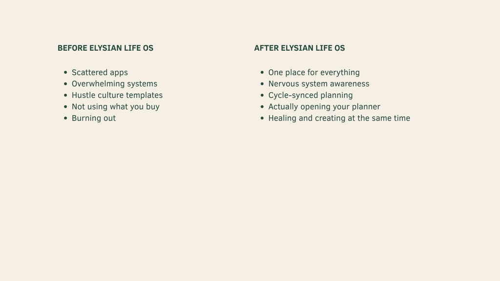 Elysian Life OS — Before and after using this healing Notion planner