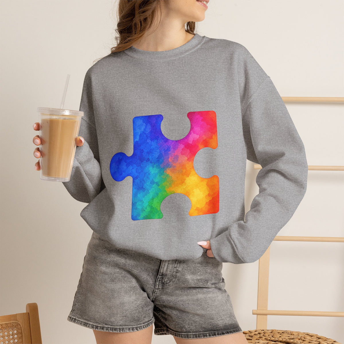 Puzzle Piece Crewneck Sweatshirt — Rainbow Autism Awareness Pullover