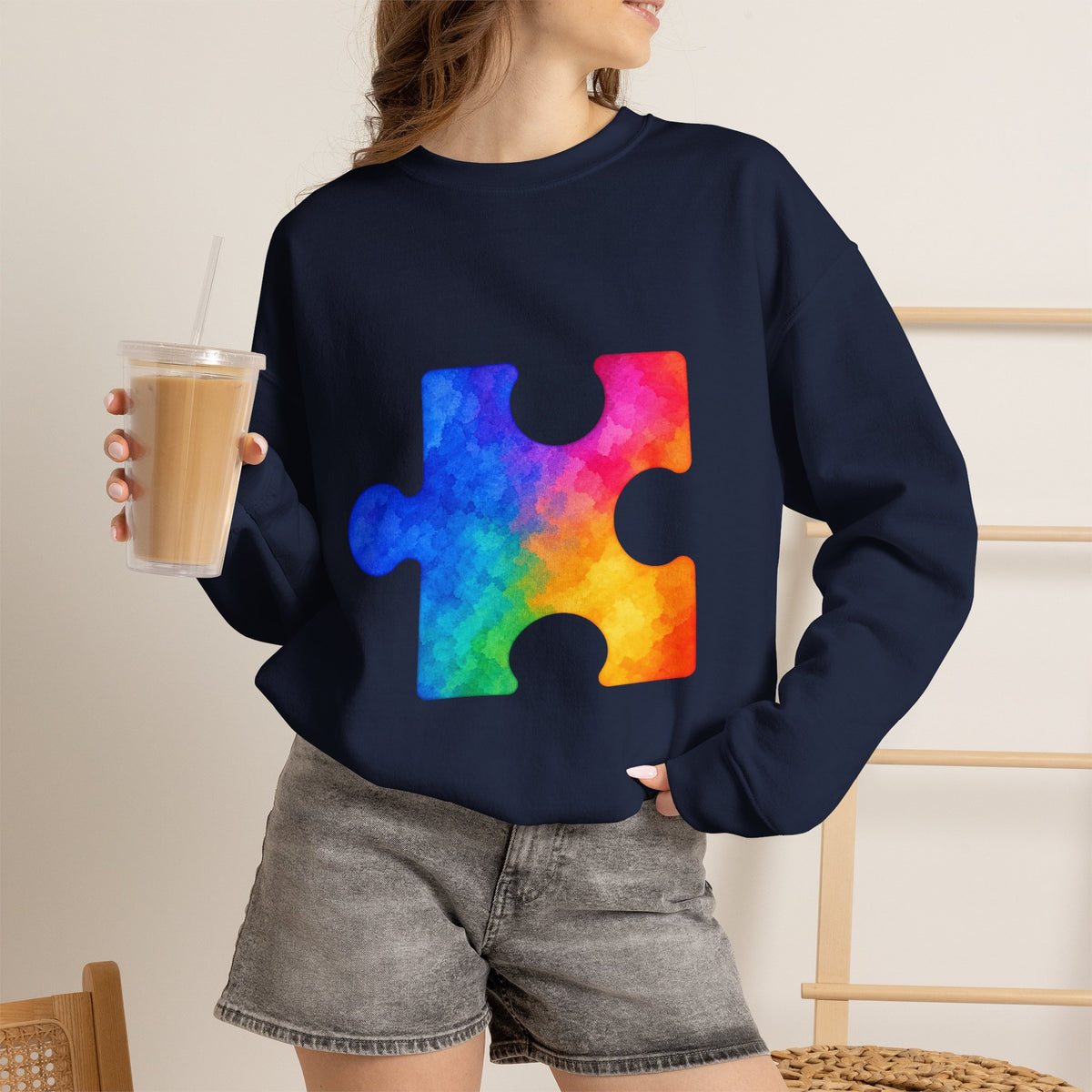 Puzzle Piece Crewneck Sweatshirt — Rainbow Autism Awareness Pullover