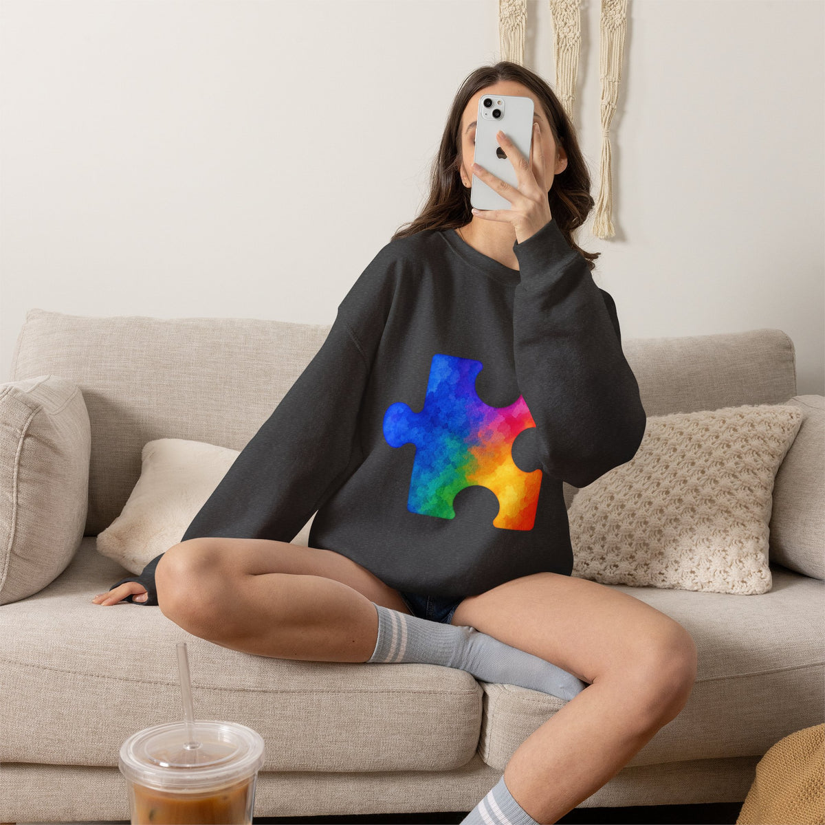 Puzzle Piece Crewneck Sweatshirt — Rainbow Autism Awareness Pullover