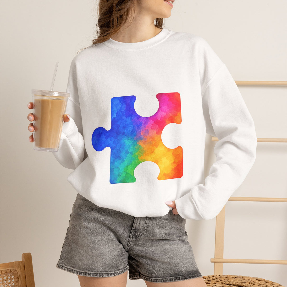 Puzzle Piece Crewneck Sweatshirt — Rainbow Autism Awareness Pullover