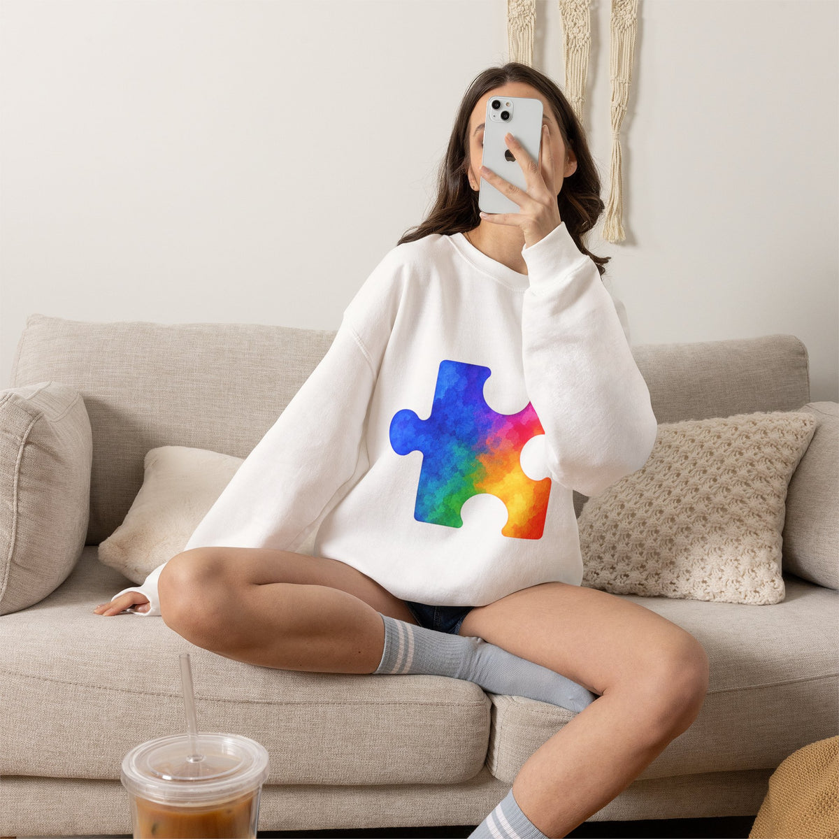 Puzzle Piece Crewneck Sweatshirt — Rainbow Autism Awareness Pullover