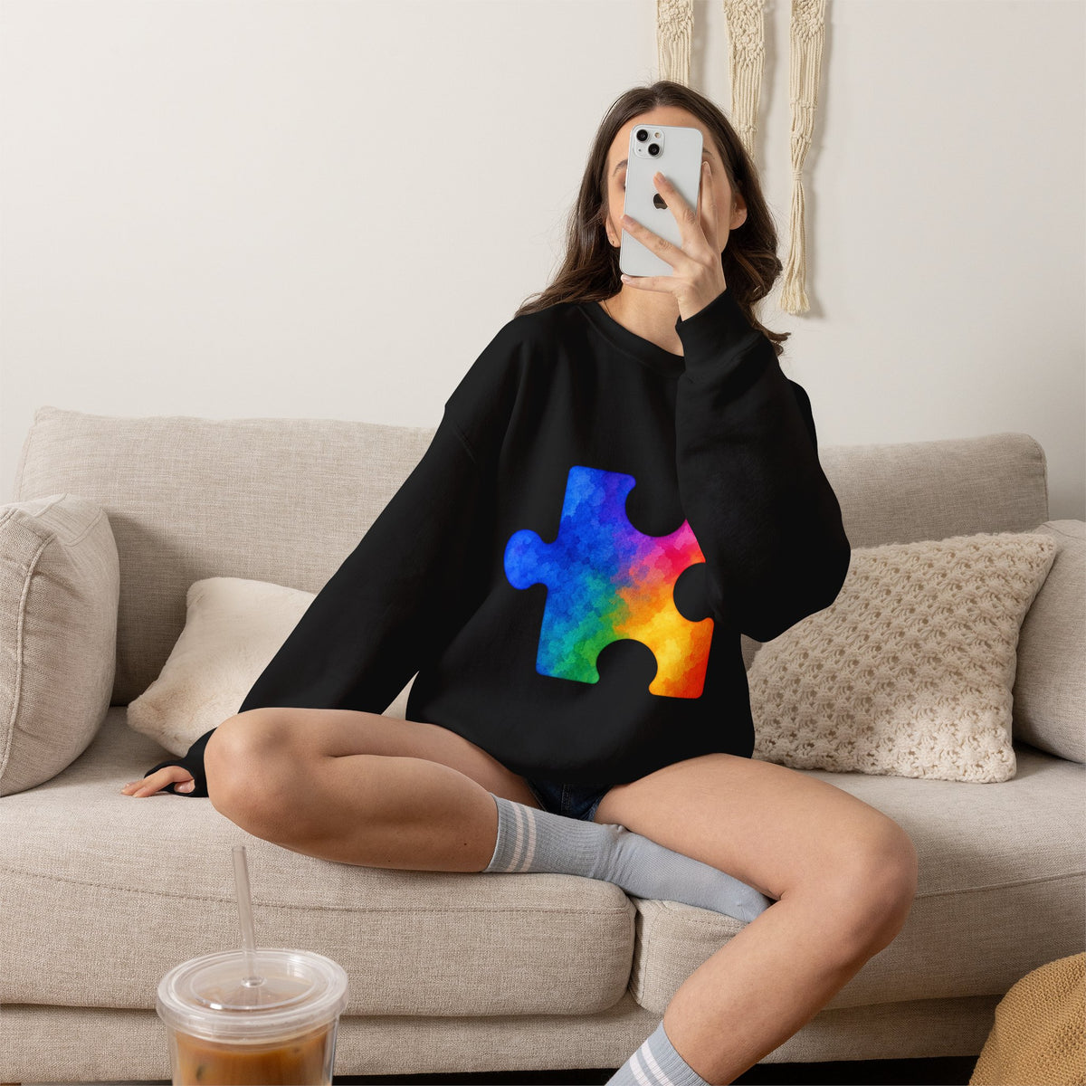 Puzzle Piece Crewneck Sweatshirt — Rainbow Autism Awareness Pullover