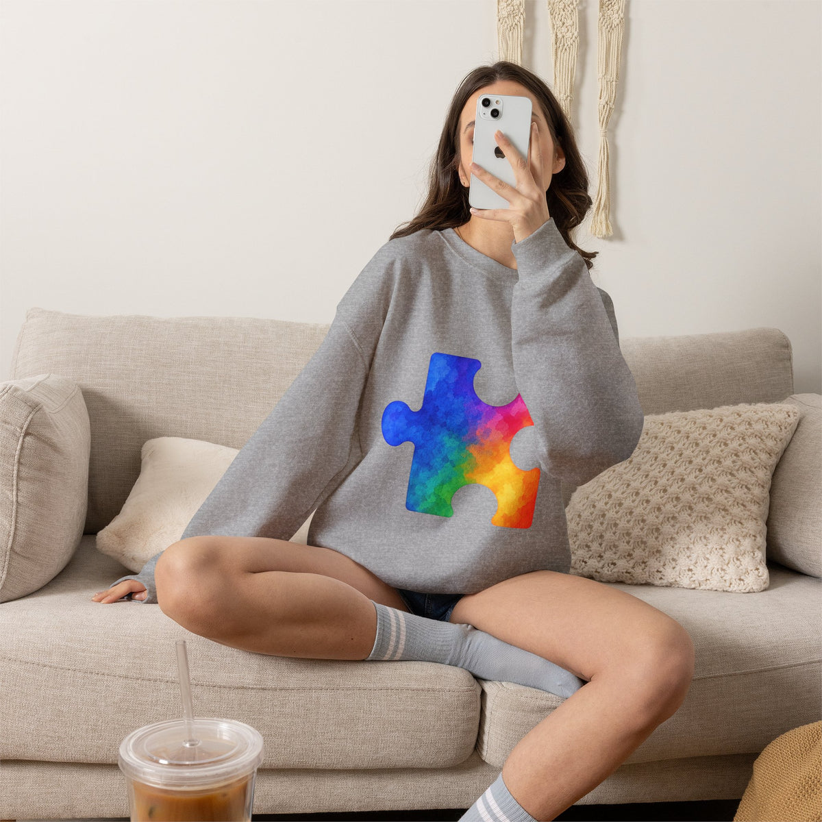 Puzzle Piece Crewneck Sweatshirt — Rainbow Autism Awareness Pullover