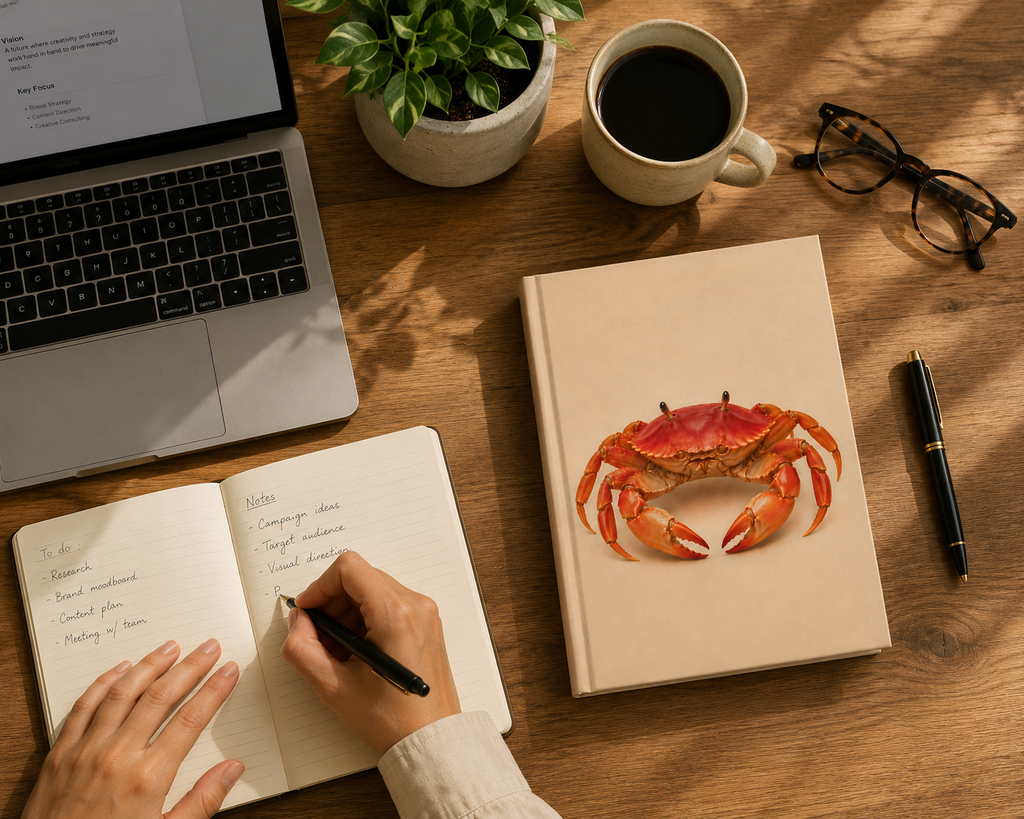 A top-down desk scene with a beige notebook featuring a realistic red-orange crab illustration on the cover, placed on a wooden table alongside an open notebook being written in, a laptop, a cup of black coffee, eyeglasses, and a pen.