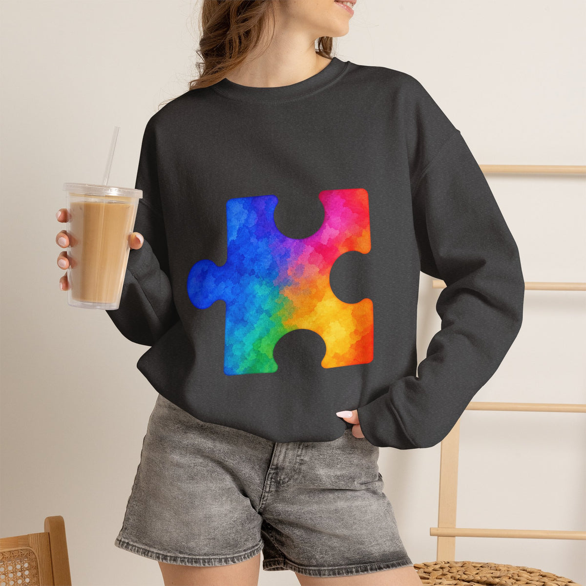 Puzzle Piece Crewneck Sweatshirt — Rainbow Autism Awareness Pullover